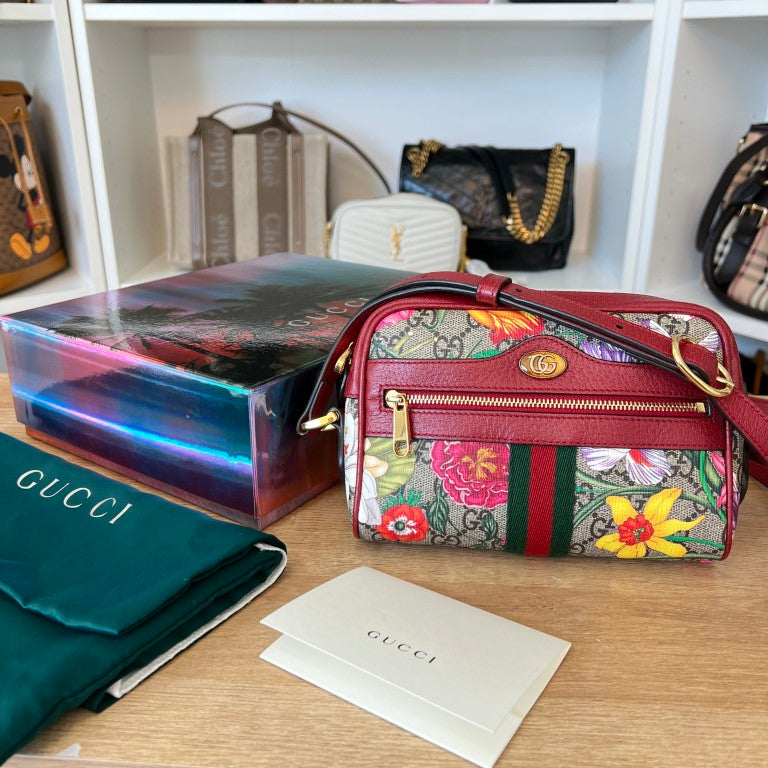 Gucci GG Supreme Monogram Flora Web Mini Ophidia Shoulder Bag Red