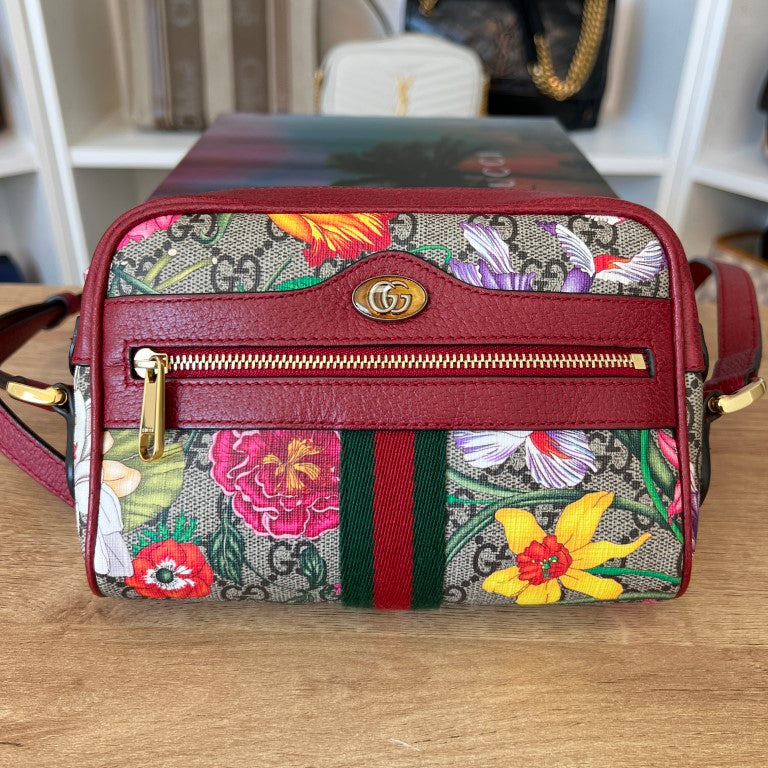 Gucci GG Supreme Monogram Flora Web Mini Ophidia Shoulder Bag Red