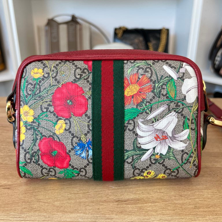 Gucci GG Supreme Monogram Flora Web Mini Ophidia Shoulder Bag Red