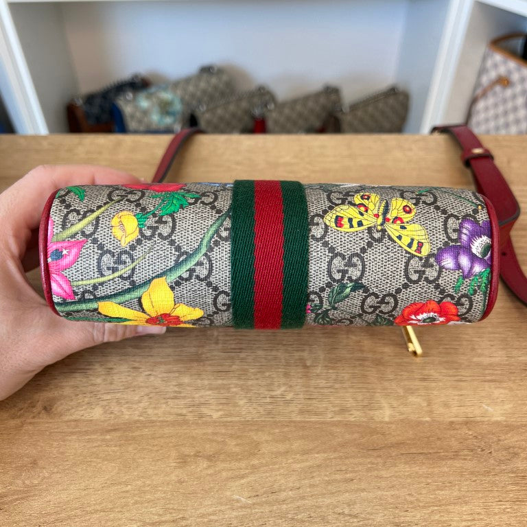 Gucci GG Supreme Monogram Flora Web Mini Ophidia Shoulder Bag Red