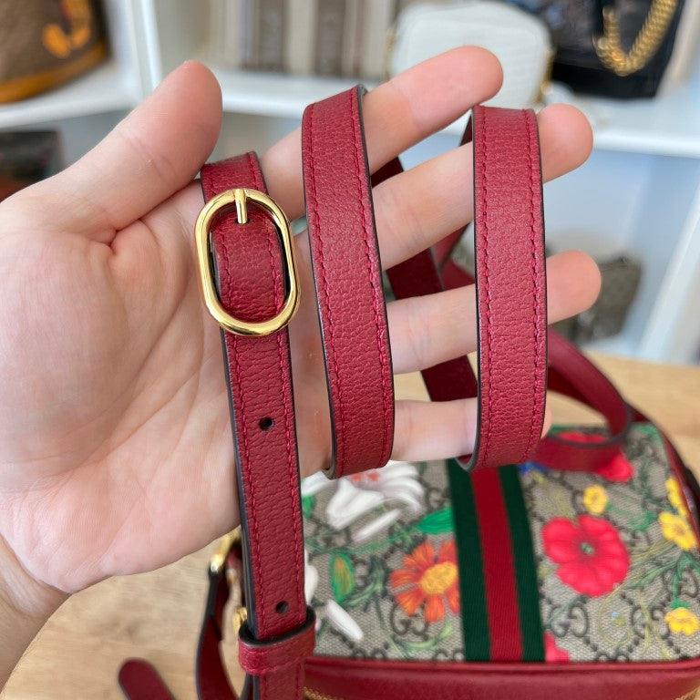 Gucci GG Supreme Monogram Flora Web Mini Ophidia Shoulder Bag Red