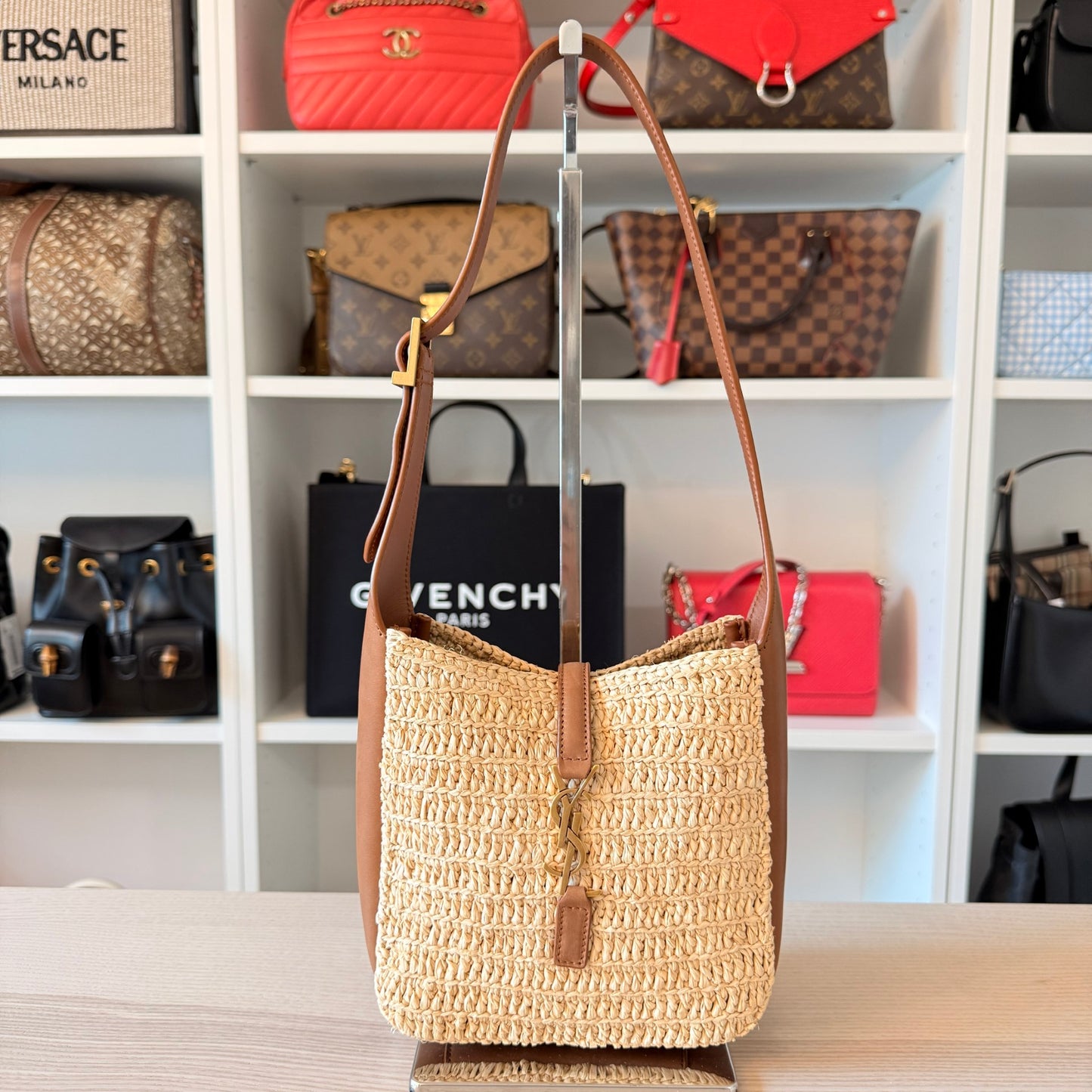 Saint Laurent Raffia Calfskin Le 5 A 7 Mini Hobo Natural Brick