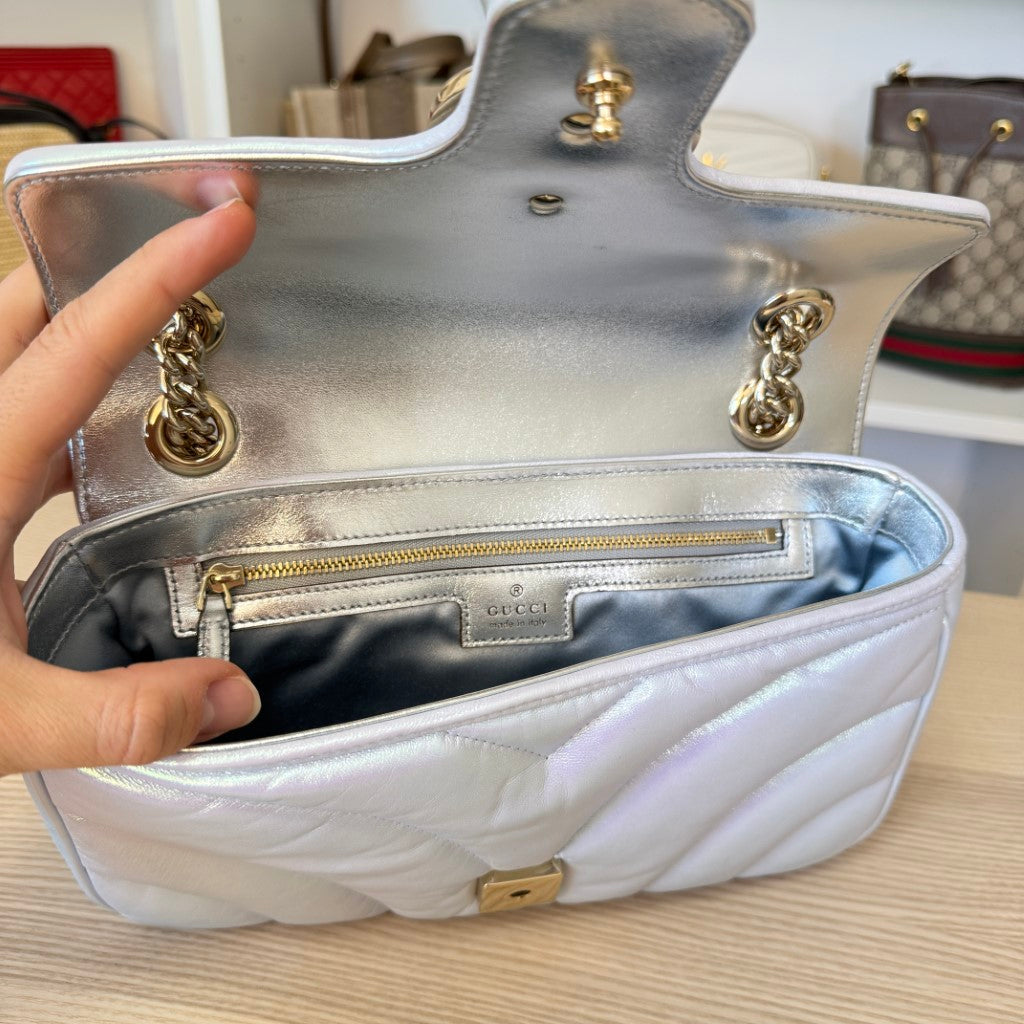 Gucci Iridescent Chevron Matelasse Small GG Marmont Shoulder Bag Iridescent Snow Light Blue