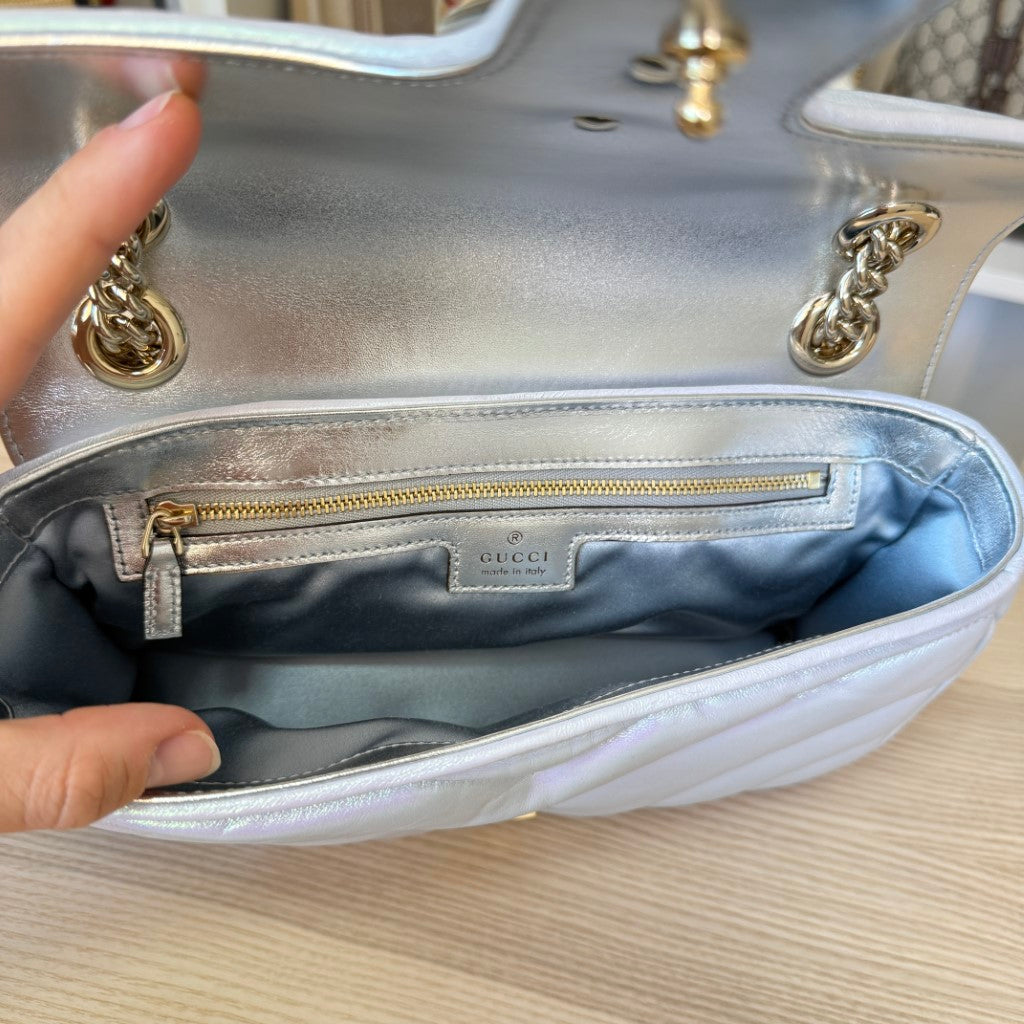 Gucci Iridescent Chevron Matelasse Small GG Marmont Shoulder Bag Iridescent Snow Light Blue
