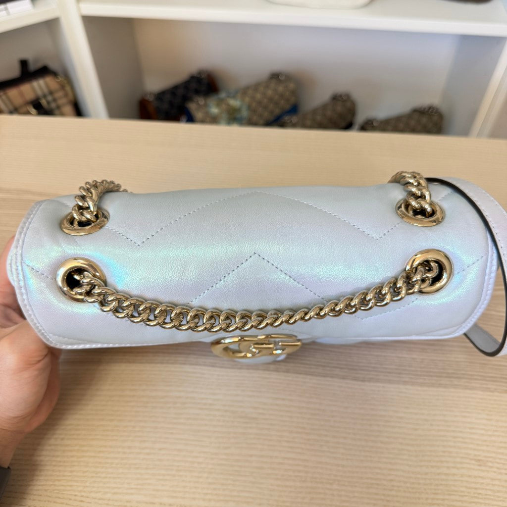 Gucci Iridescent Chevron Matelasse Small GG Marmont Shoulder Bag Iridescent Snow Light Blue