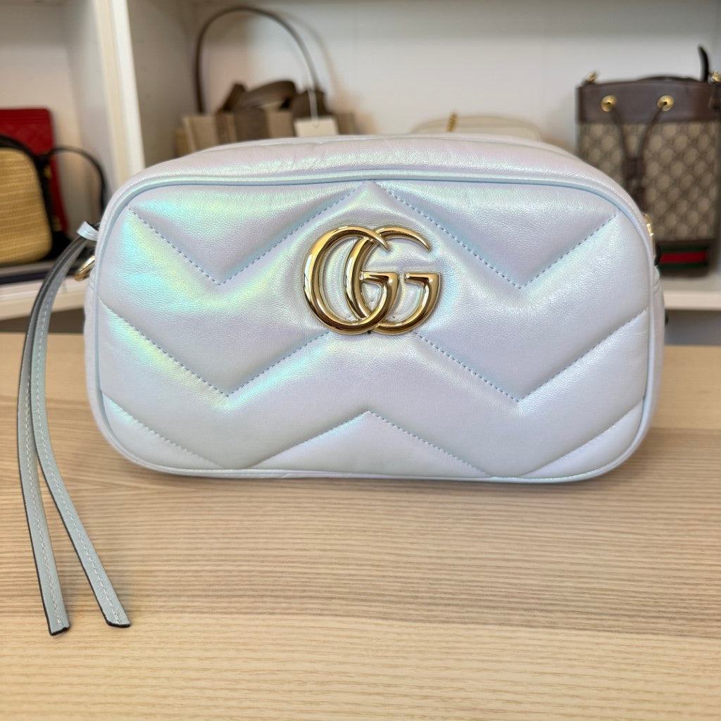 Gucci Chevron Matelasse Small GG Marmont Chain Shoulder Bag Iridescent Snow Light Blue