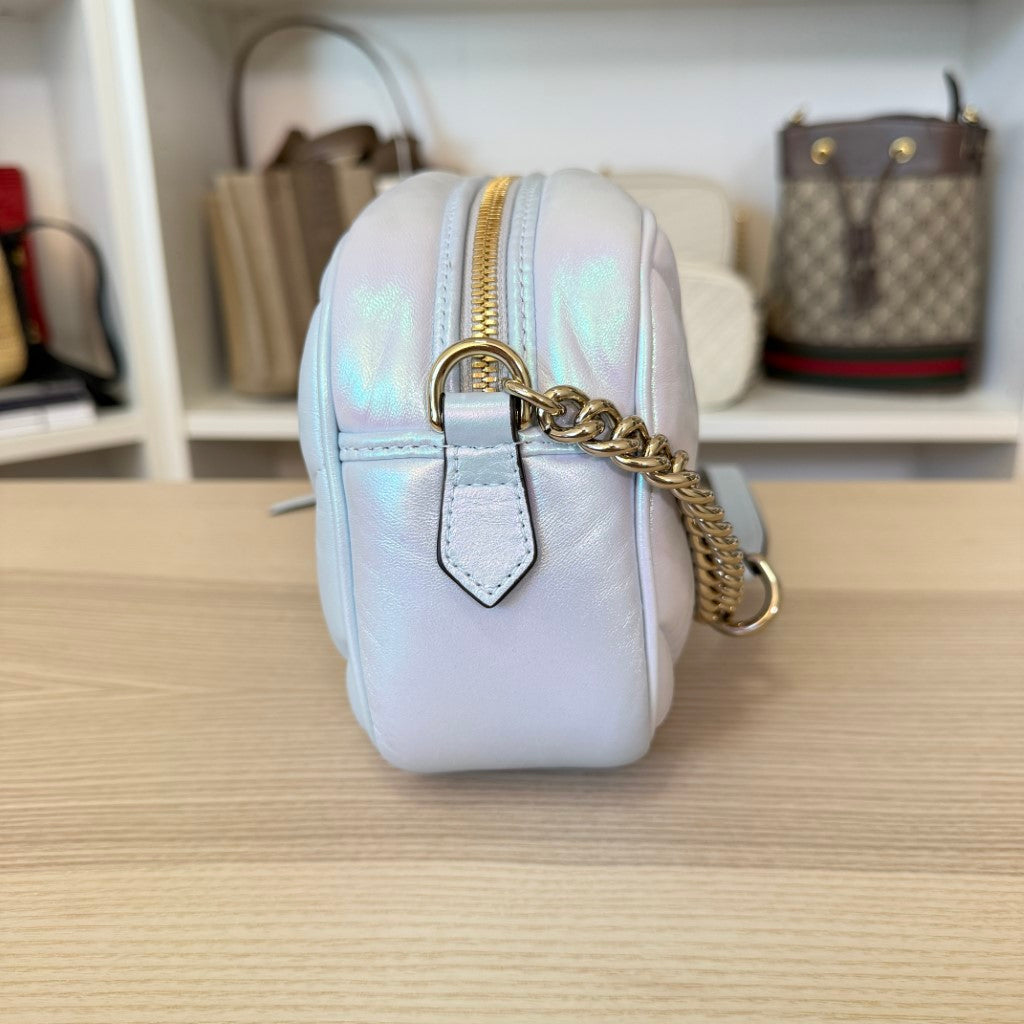 Gucci Chevron Matelasse Small GG Marmont Chain Shoulder Bag Iridescent Snow Light Blue