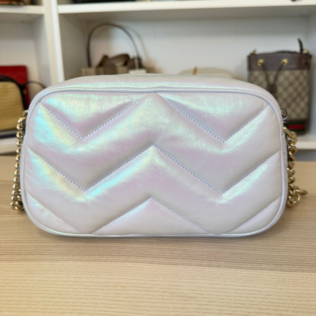 Gucci Chevron Matelasse Small GG Marmont Chain Shoulder Bag Iridescent Snow Light Blue