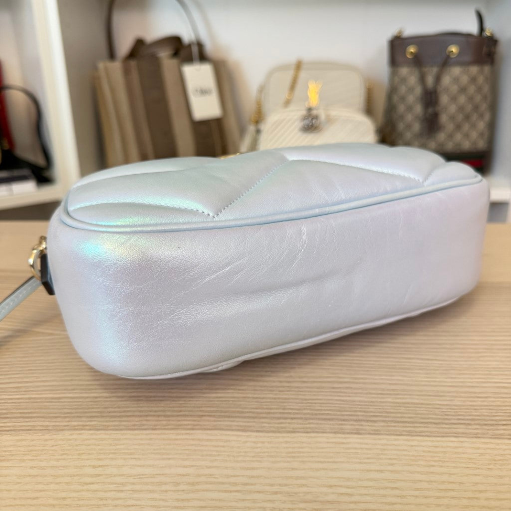 Gucci Chevron Matelasse Small GG Marmont Chain Shoulder Bag Iridescent Snow Light Blue