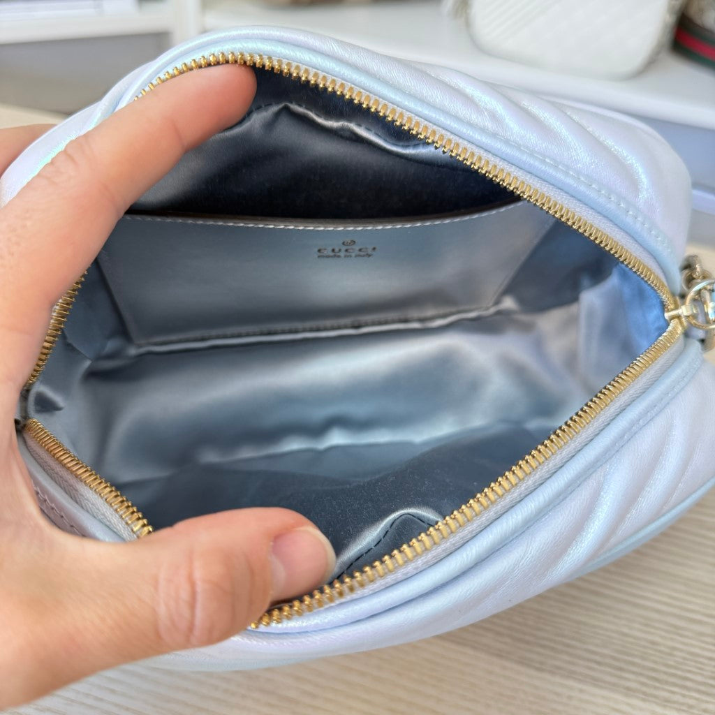 Gucci Chevron Matelasse Small GG Marmont Chain Shoulder Bag Iridescent Snow Light Blue
