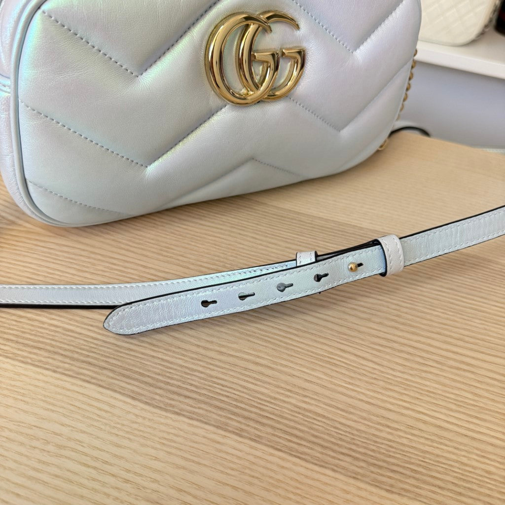 Gucci Chevron Matelasse Small GG Marmont Chain Shoulder Bag Iridescent Snow Light Blue