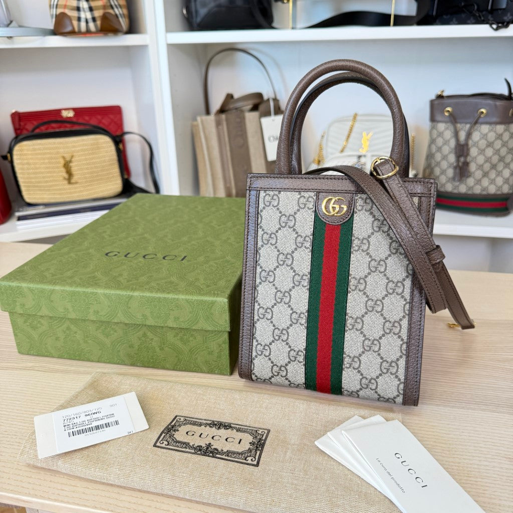 Gucci GG Supreme Monogram Mini Ophidia Tote Bag Brown