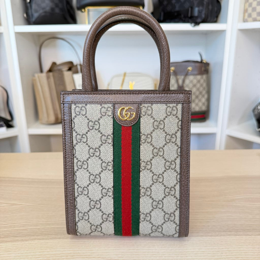 Gucci GG Supreme Monogram Mini Ophidia Tote Bag Brown