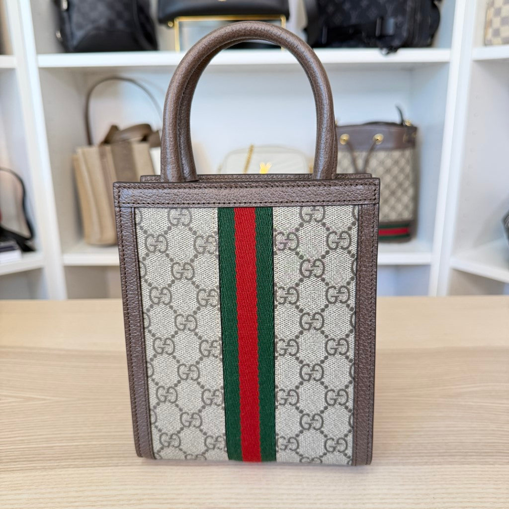 Gucci GG Supreme Monogram Mini Ophidia Tote Bag Brown