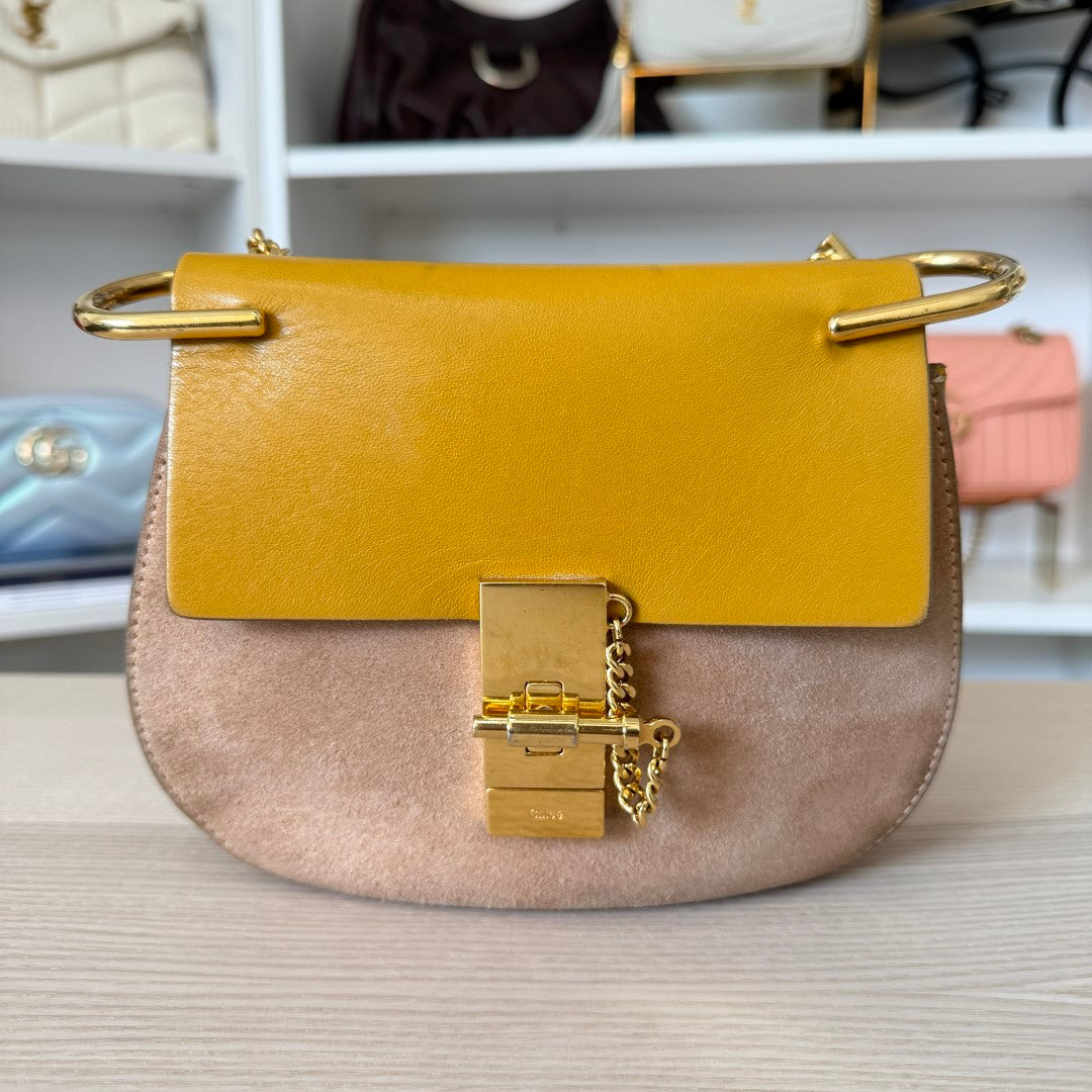 Chloé Suede Smooth Calfskin Mini Drew Shoulder Bag Mustard/Beige