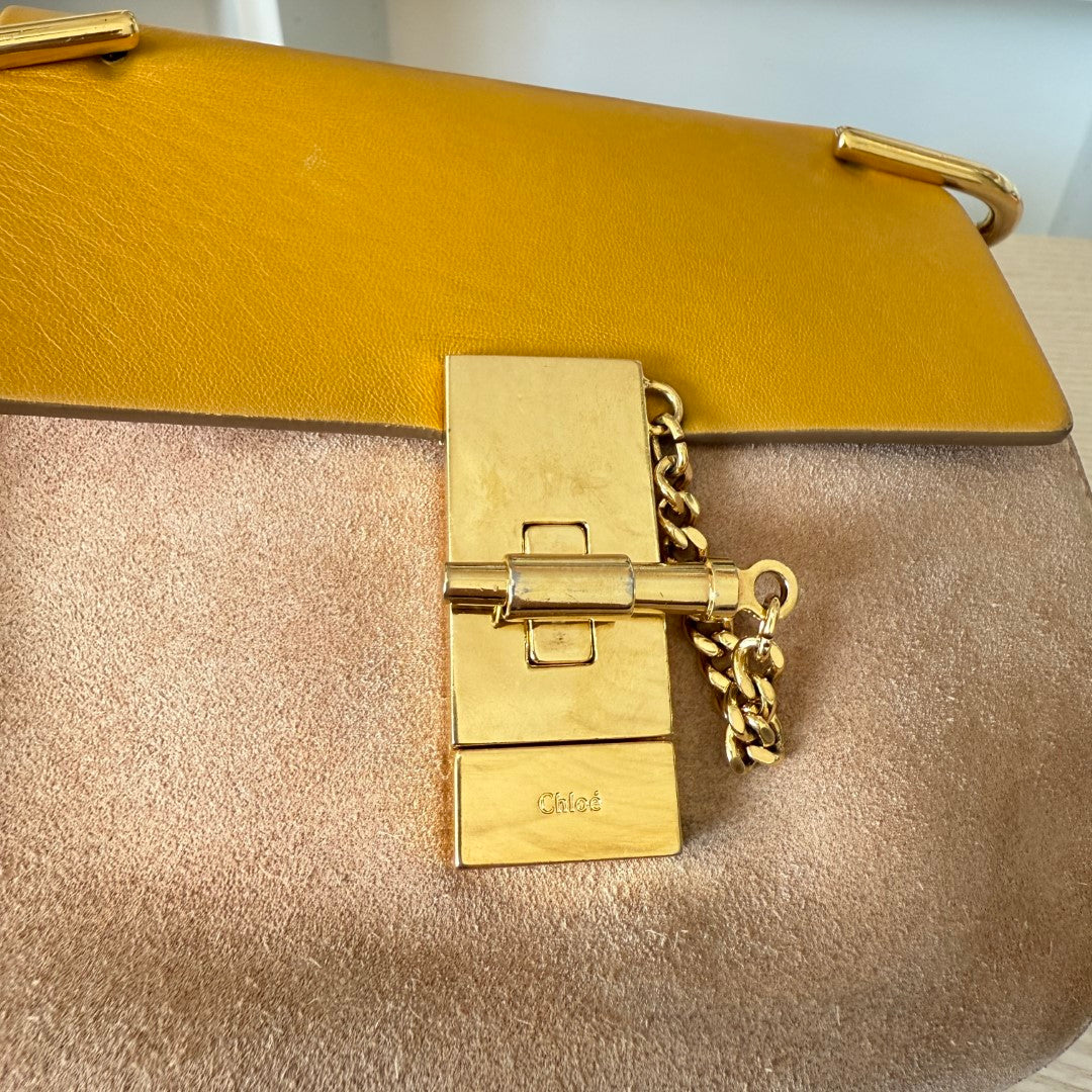 Chloé Suede Smooth Calfskin Mini Drew Shoulder Bag Mustard/Beige