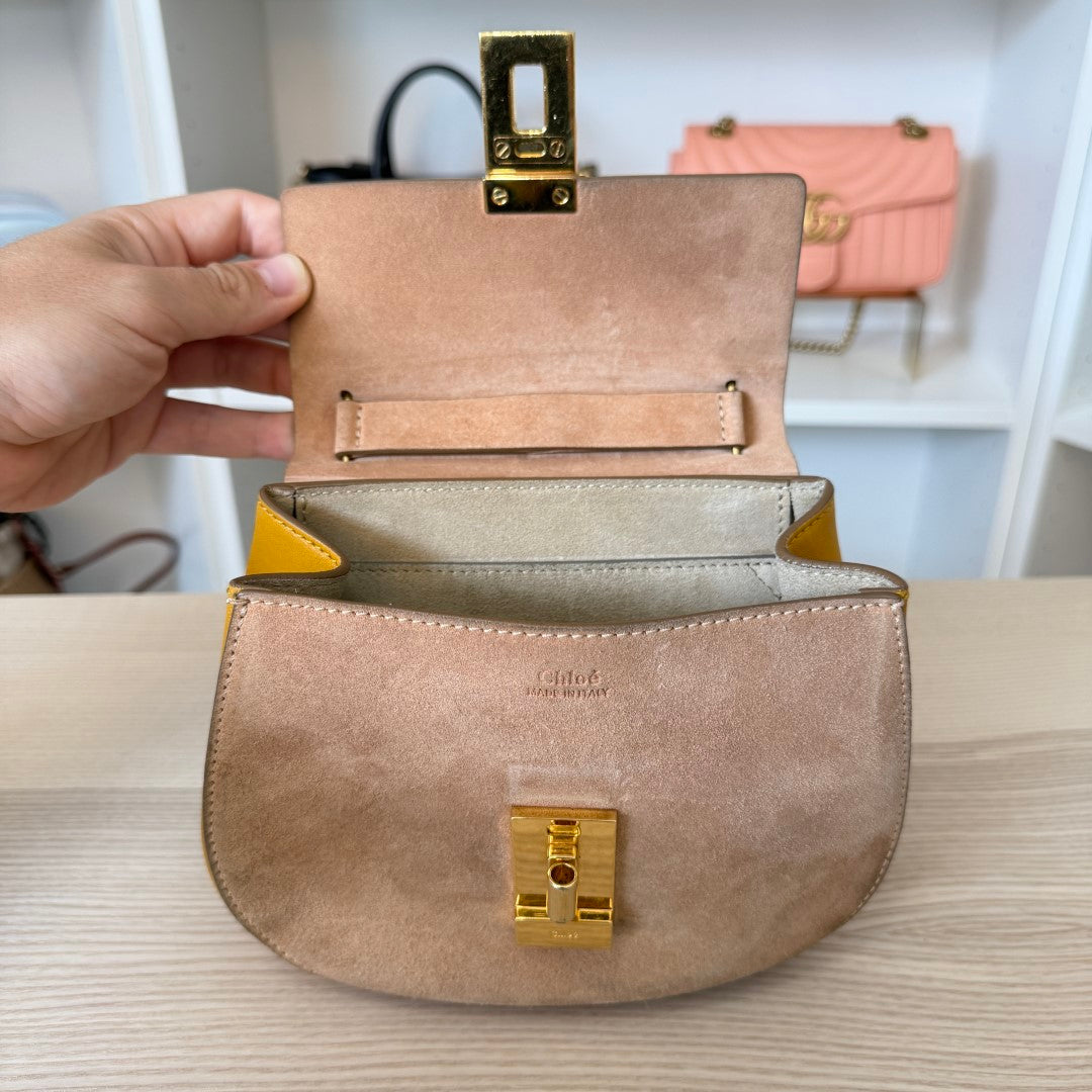 Chloé Suede Smooth Calfskin Mini Drew Shoulder Bag Mustard/Beige