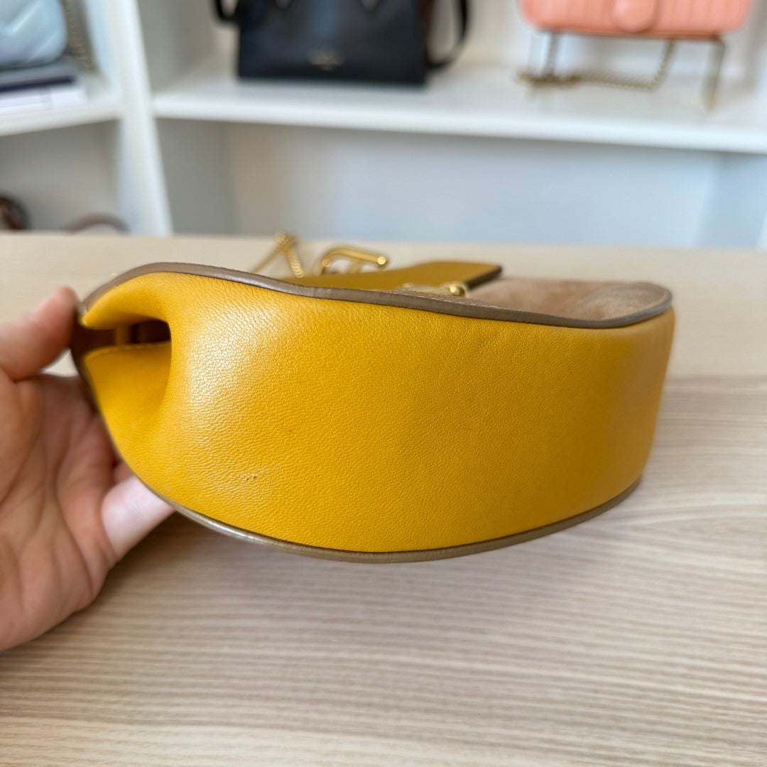 Chloé Suede Smooth Calfskin Mini Drew Shoulder Bag Mustard/Beige