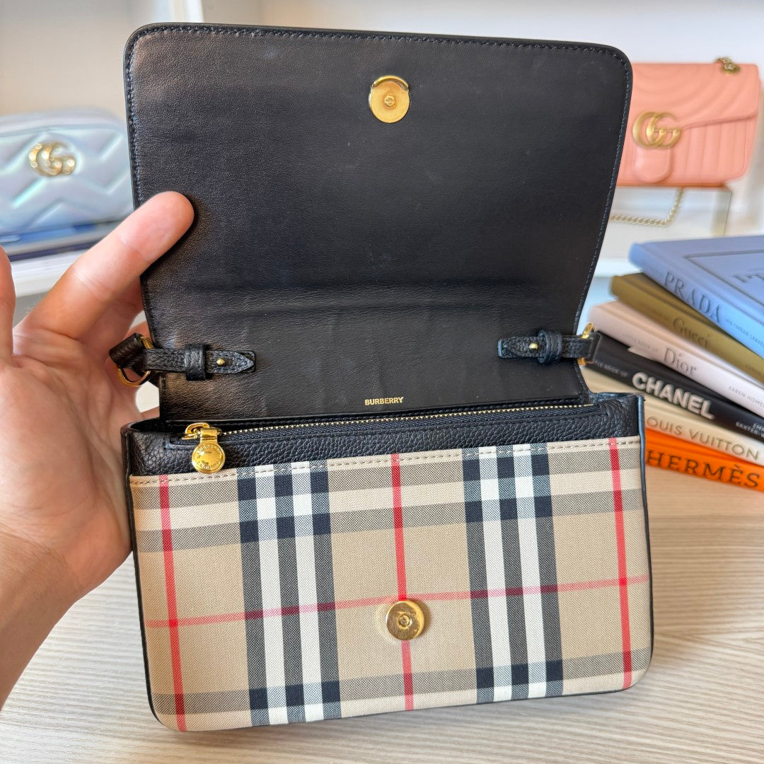 Burberry Grainy Calfskin Vintage Check Hampshire Crossbody Black