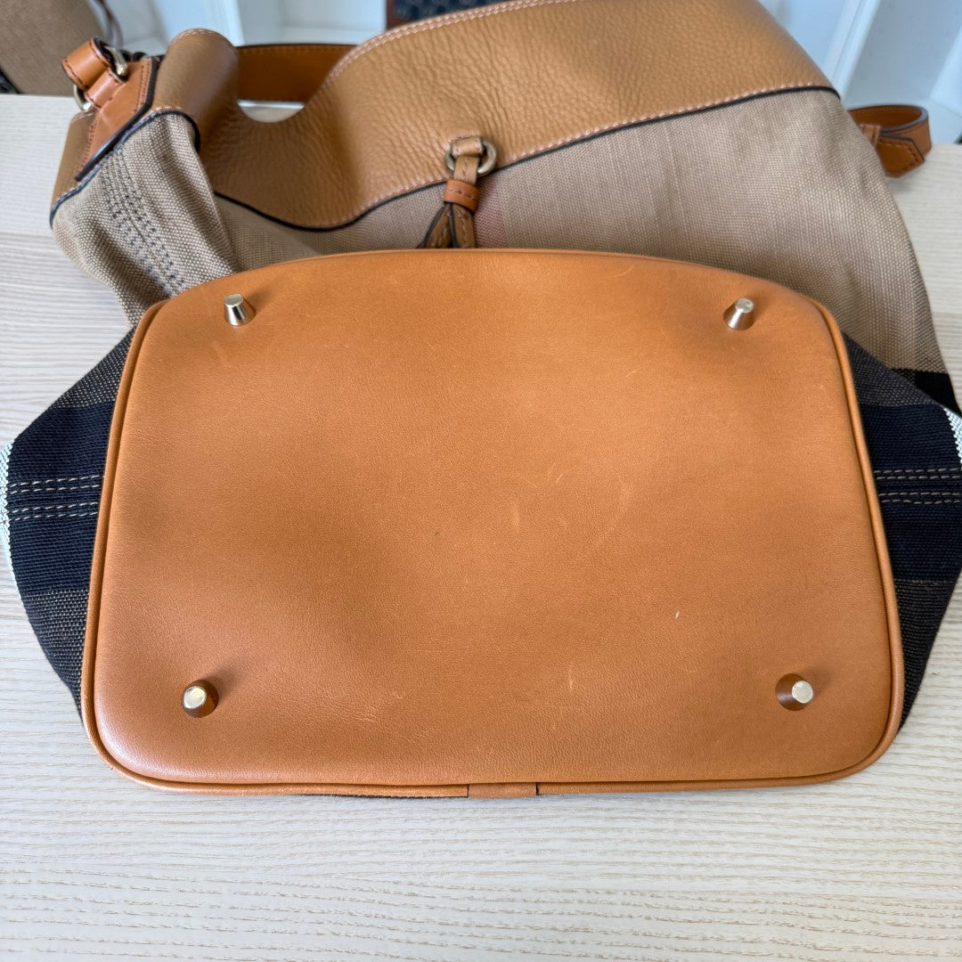 Burberry Saddle Brown Check Canvas Ashby Tassel Bucket Bag