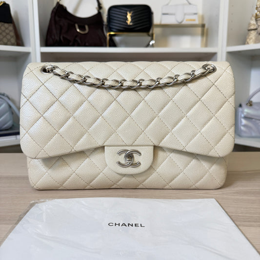 Chanel Pearly Caviar Quilted Jumbo Double Flap Dark White