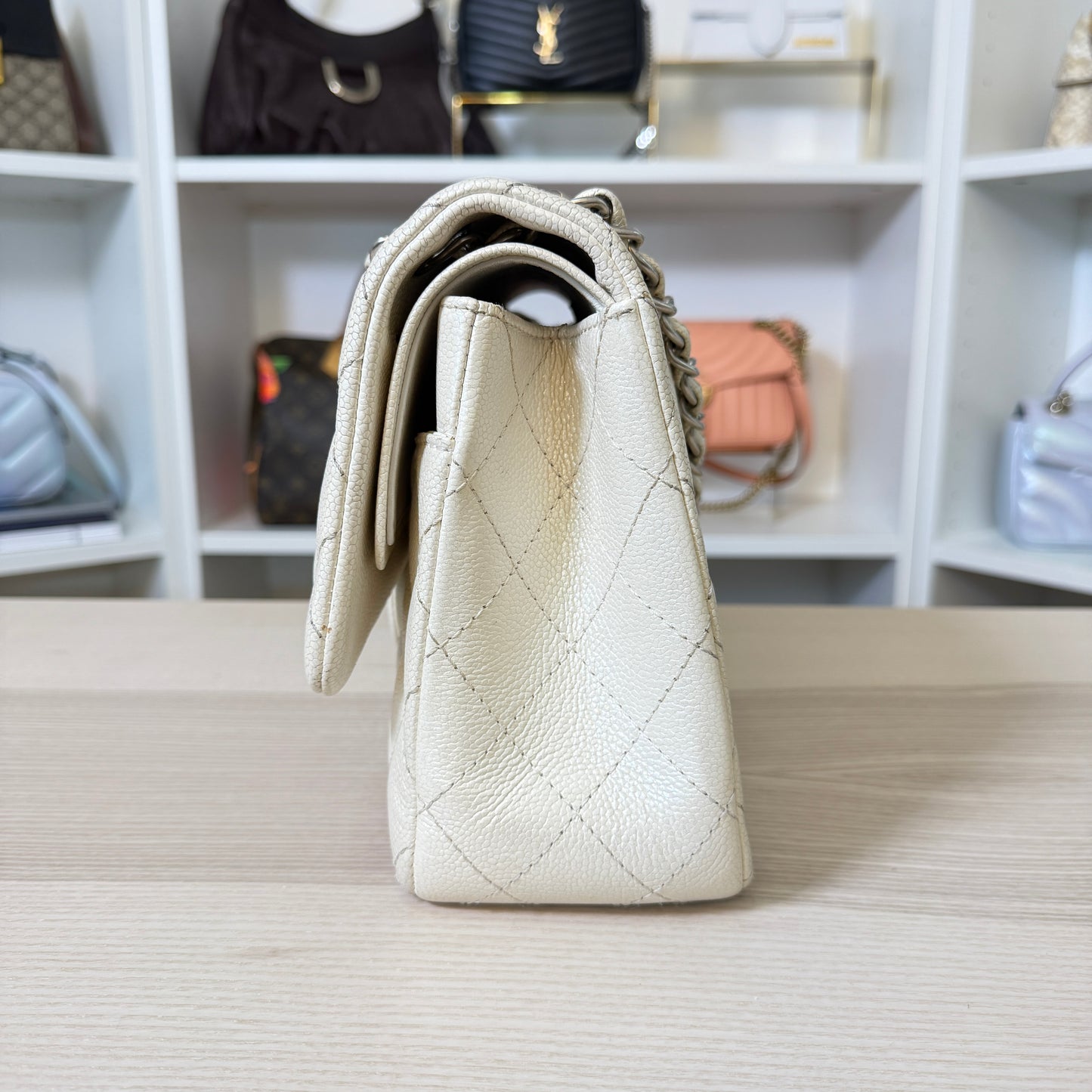 Chanel Pearly Caviar Quilted Jumbo Double Flap Dark White
