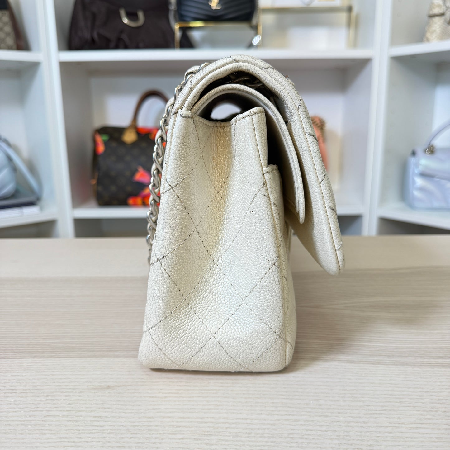Chanel Pearly Caviar Quilted Jumbo Double Flap Dark White