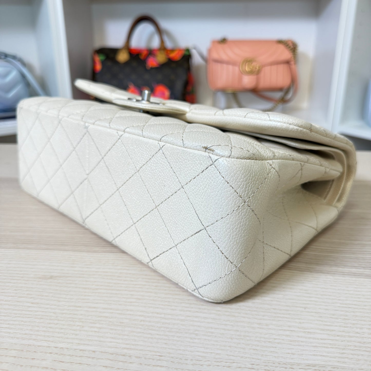 Chanel Pearly Caviar Quilted Jumbo Double Flap Dark White