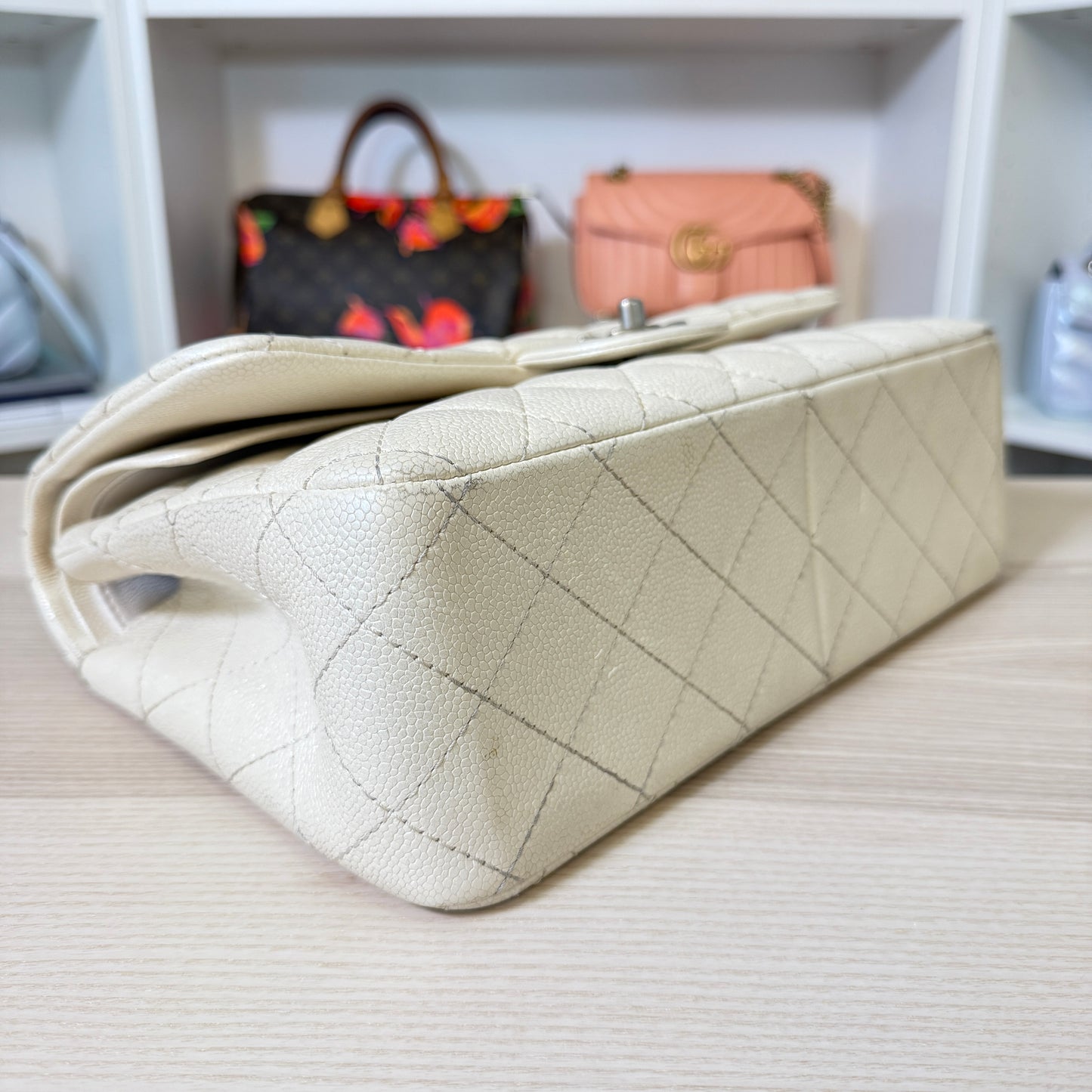 Chanel Pearly Caviar Quilted Jumbo Double Flap Dark White