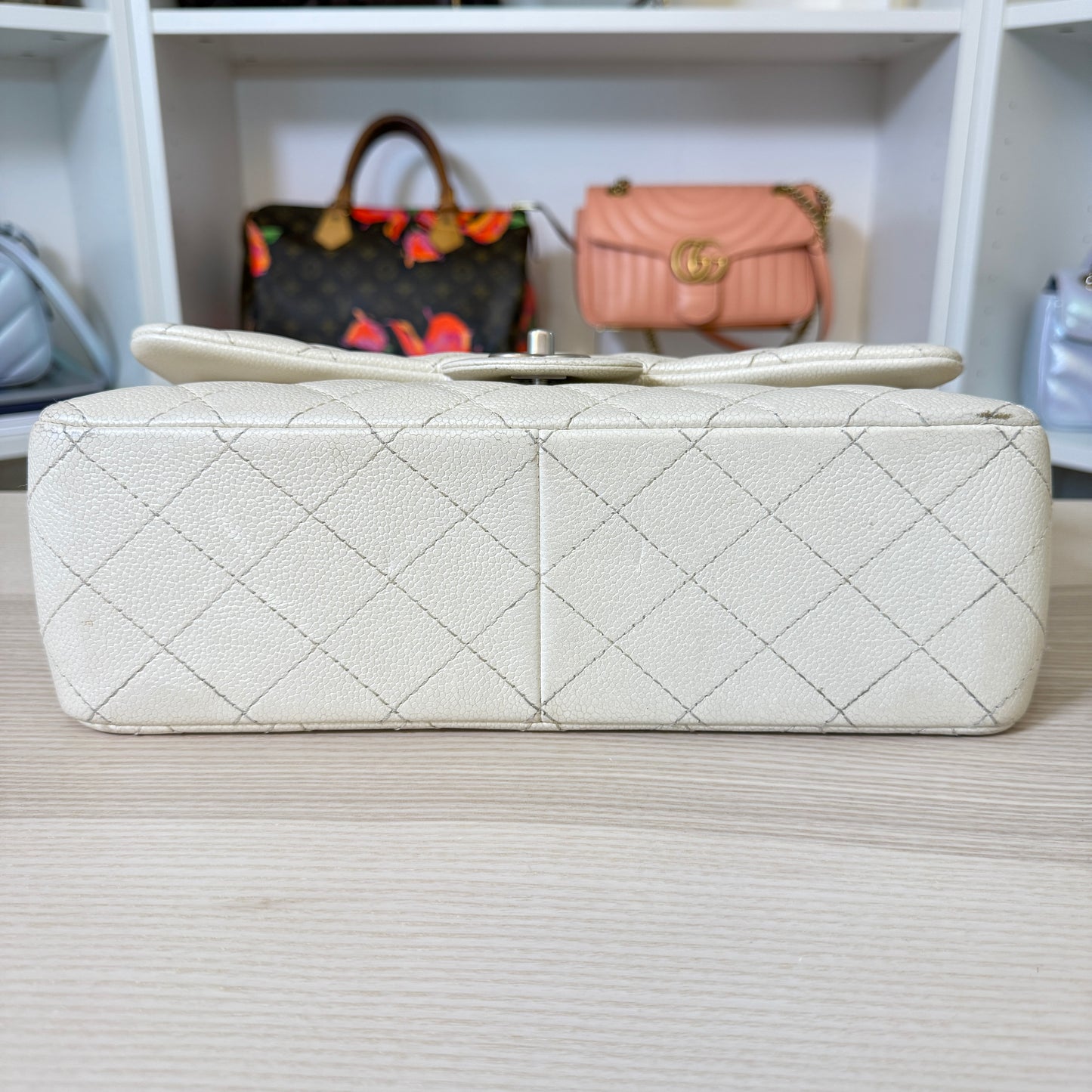 Chanel Pearly Caviar Quilted Jumbo Double Flap Dark White