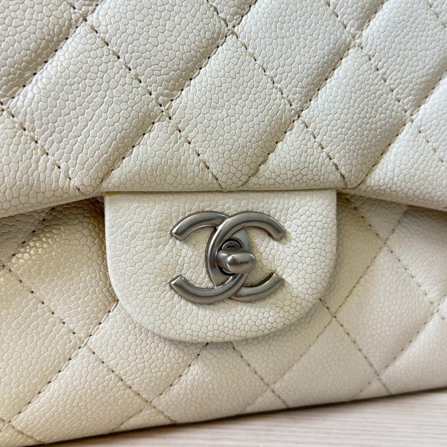 Chanel Pearly Caviar Quilted Jumbo Double Flap Dark White