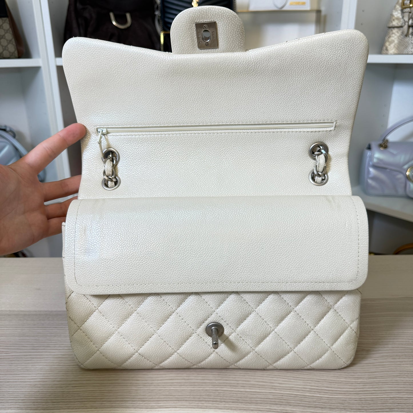 Chanel Pearly Caviar Quilted Jumbo Double Flap Dark White