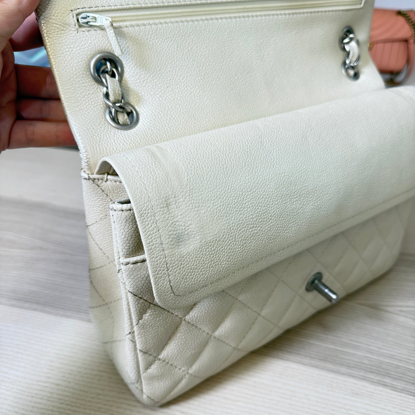 Chanel Pearly Caviar Quilted Jumbo Double Flap Dark White