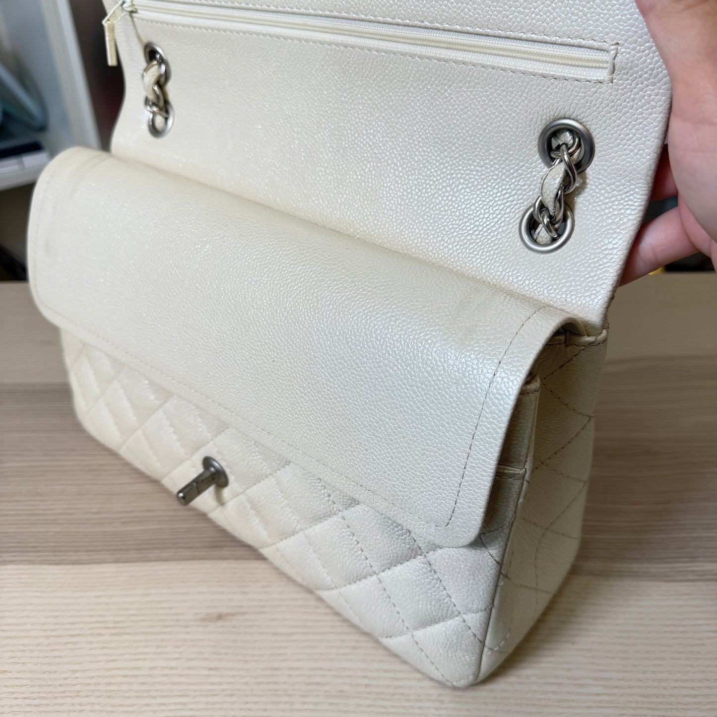 Chanel Pearly Caviar Quilted Jumbo Double Flap Dark White