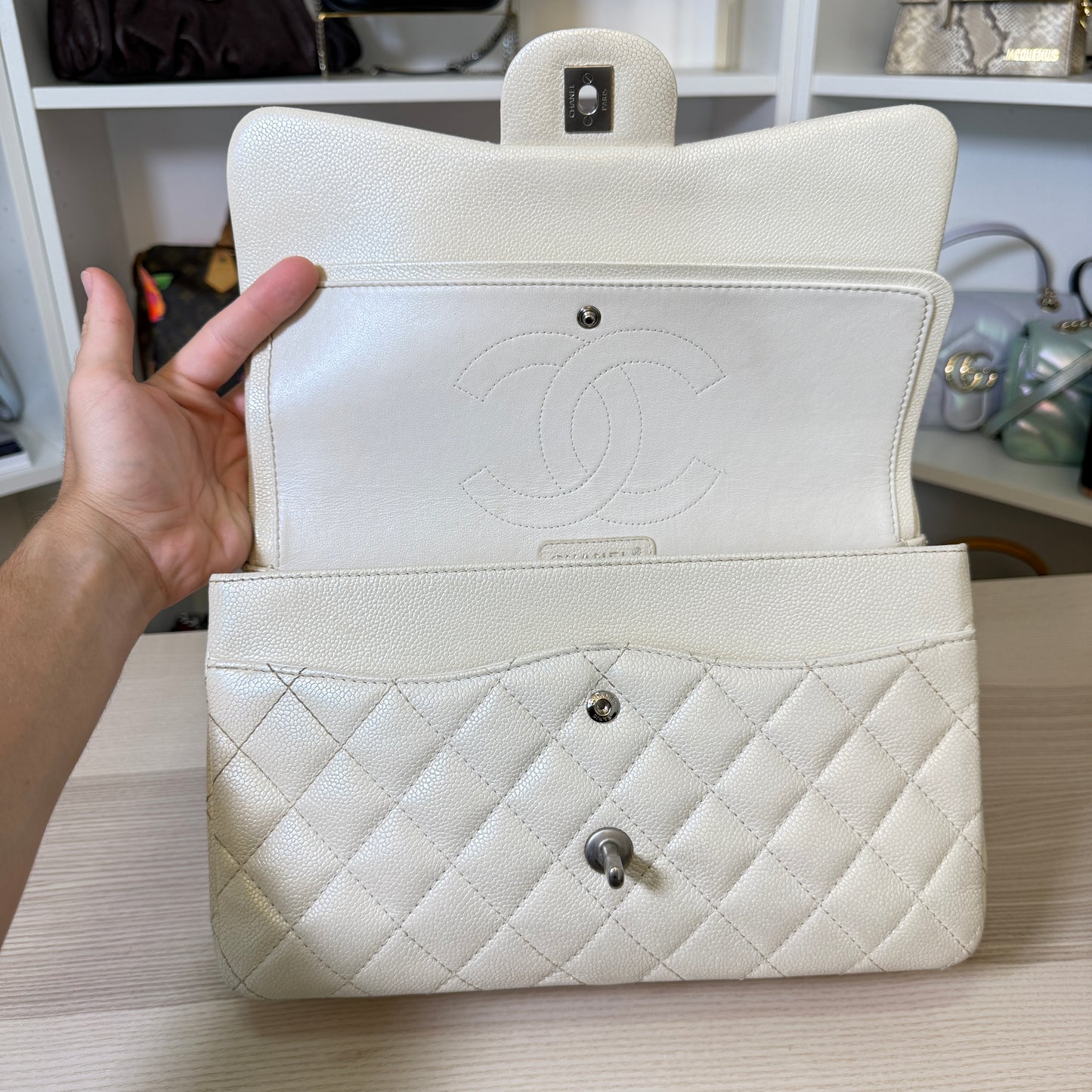 Chanel Pearly Caviar Quilted Jumbo Double Flap Dark White