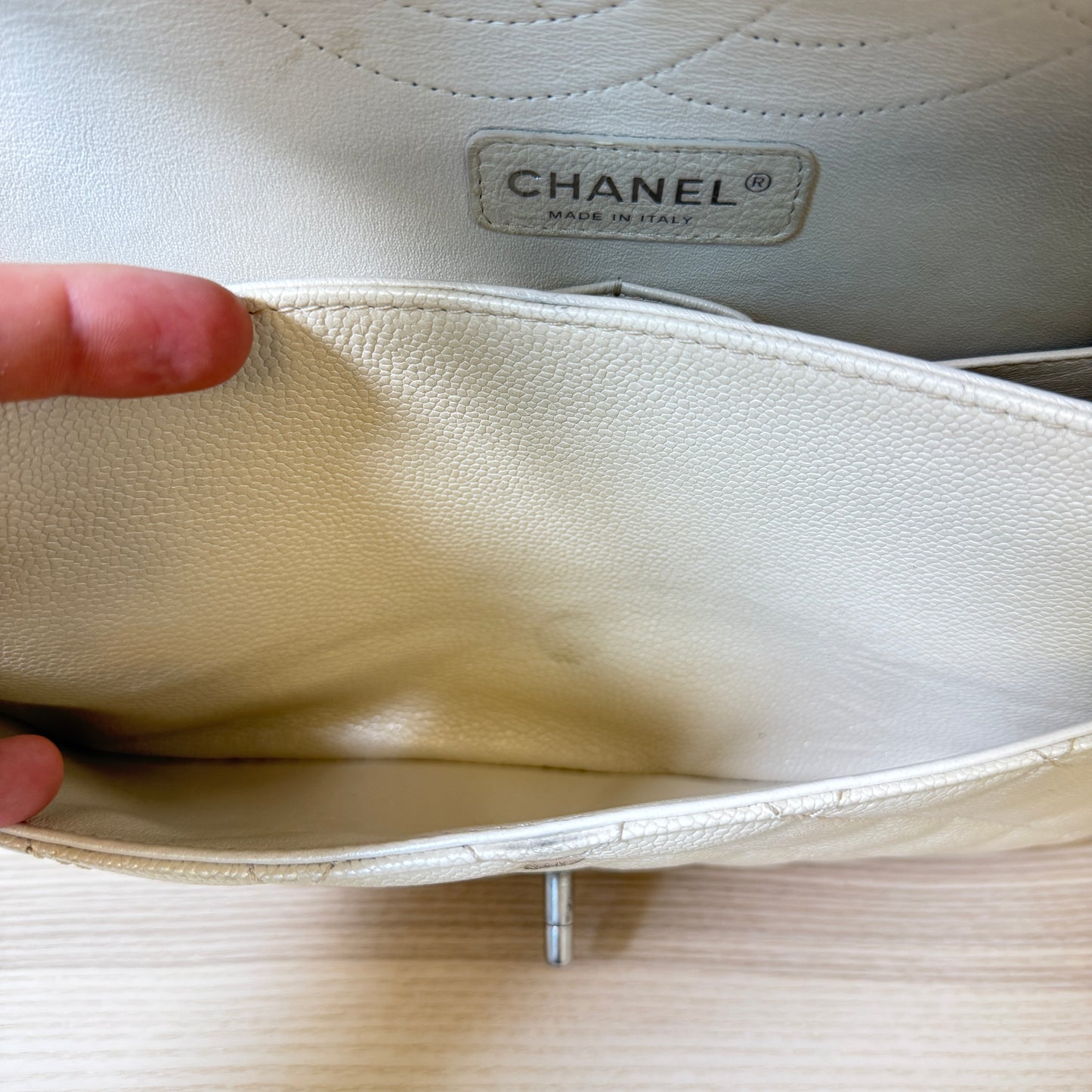 Chanel Pearly Caviar Quilted Jumbo Double Flap Dark White