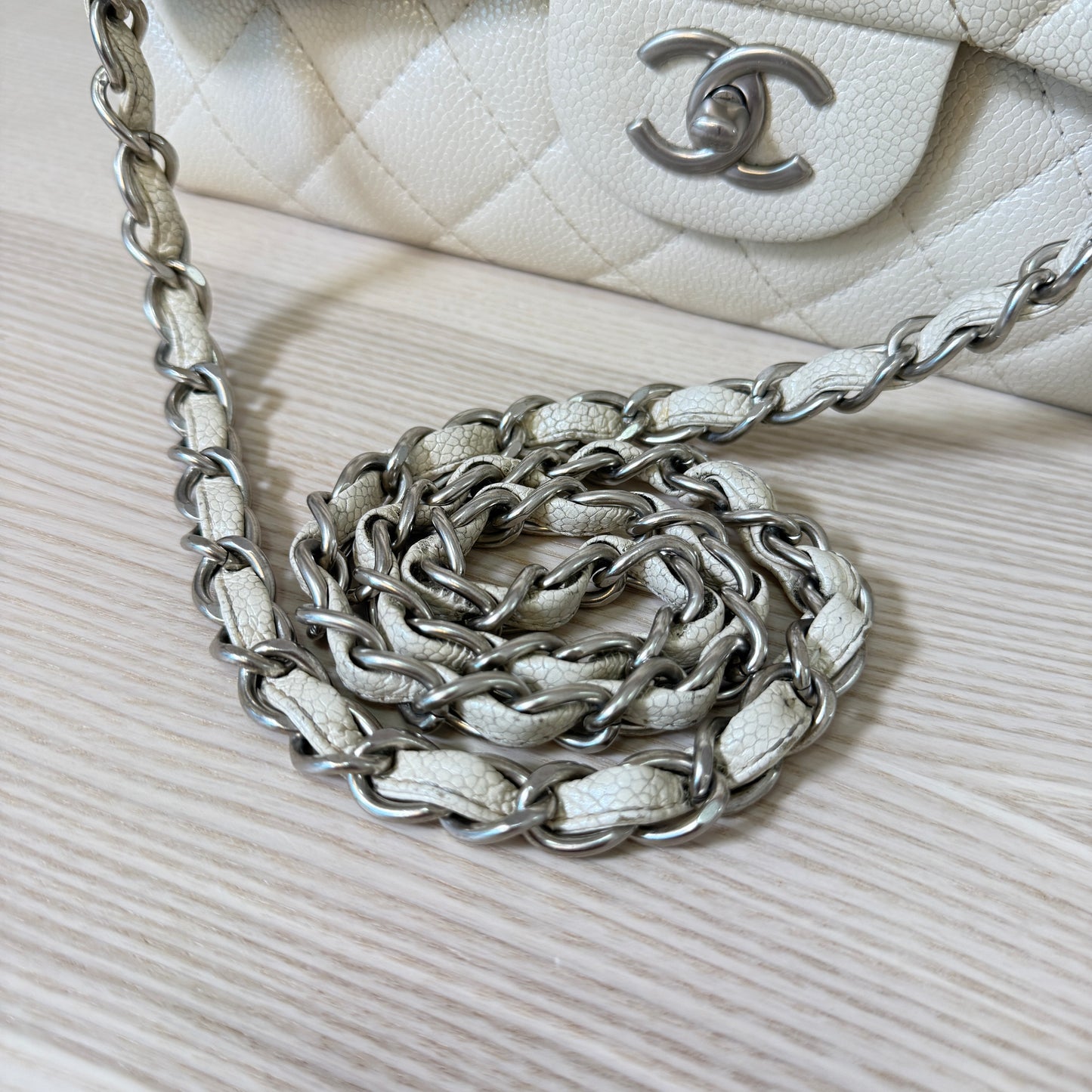 Chanel Pearly Caviar Quilted Jumbo Double Flap Dark White