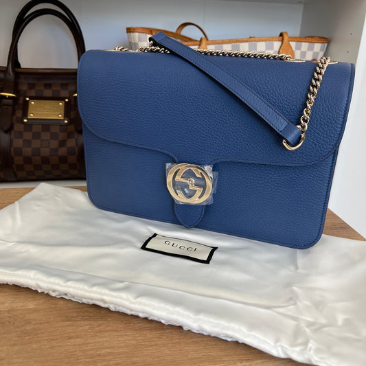 Brand New Gucci Dollar Calfskin Interlocking G Shoulder Bag Blue
