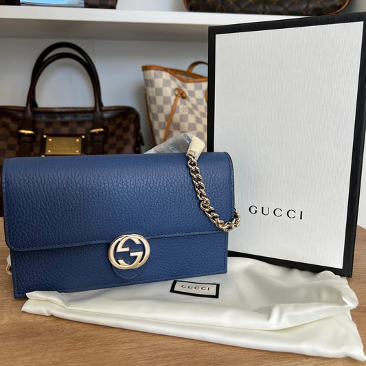 Brand New Gucci Interlocking Wallet on Chain Leather Blue