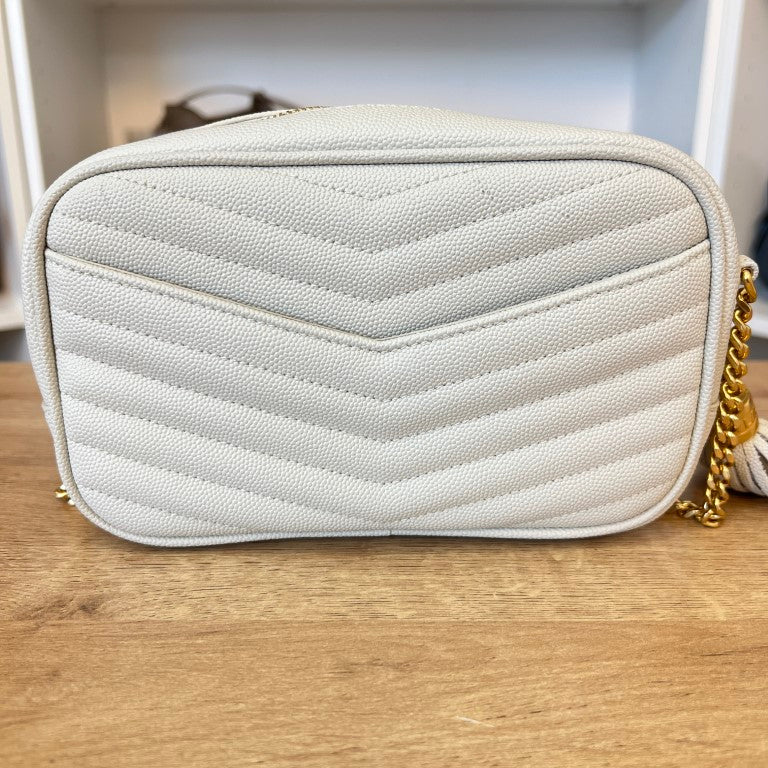 Saint Laurent YSL Matelasse Monogram Mini Lou Camera Bag White and Gold Hardware