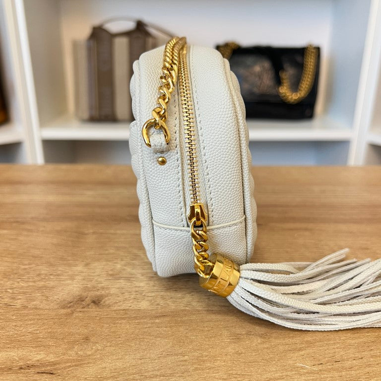 Saint Laurent YSL Matelasse Monogram Mini Lou Camera Bag White and Gold Hardware