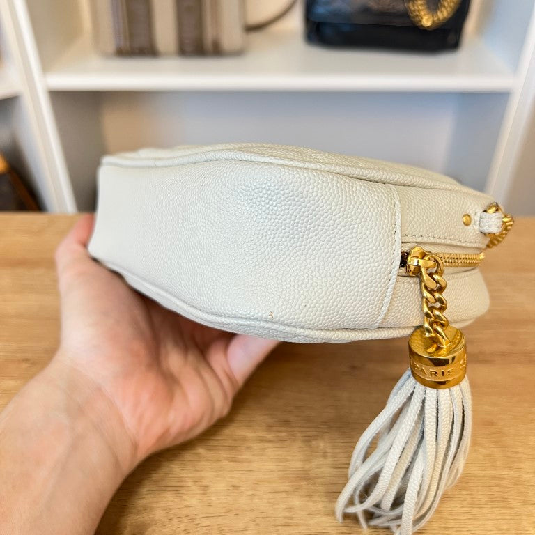 Saint Laurent YSL Matelasse Monogram Mini Lou Camera Bag White and Gold Hardware