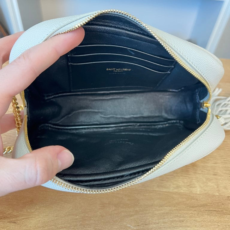 Saint Laurent YSL Matelasse Monogram Mini Lou Camera Bag White and Gold Hardware