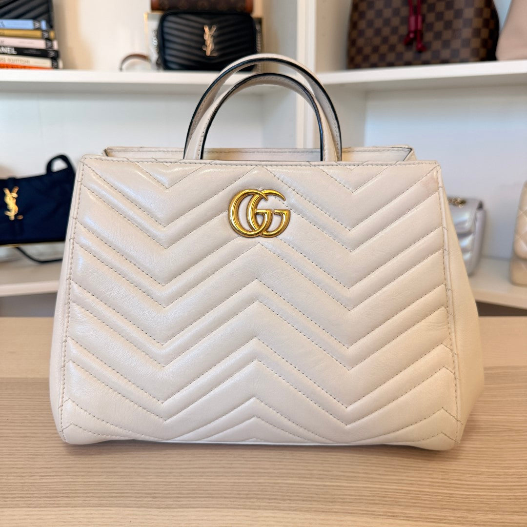 Gucci Calfskin Matelasse Small GG Marmont Tote White