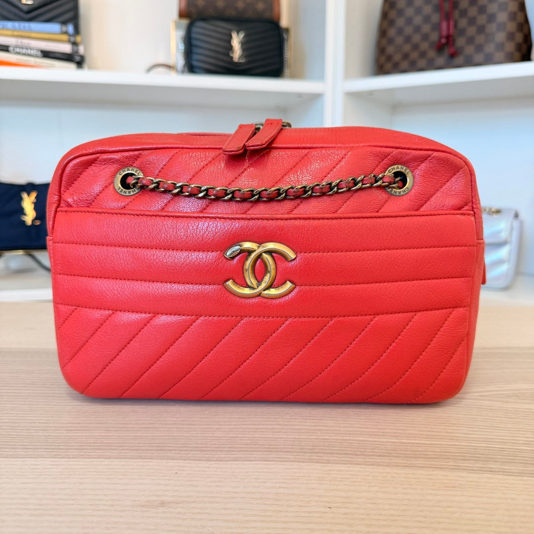 Chanel Red Quilted Lambskin Diagonal Camera Bag Medium