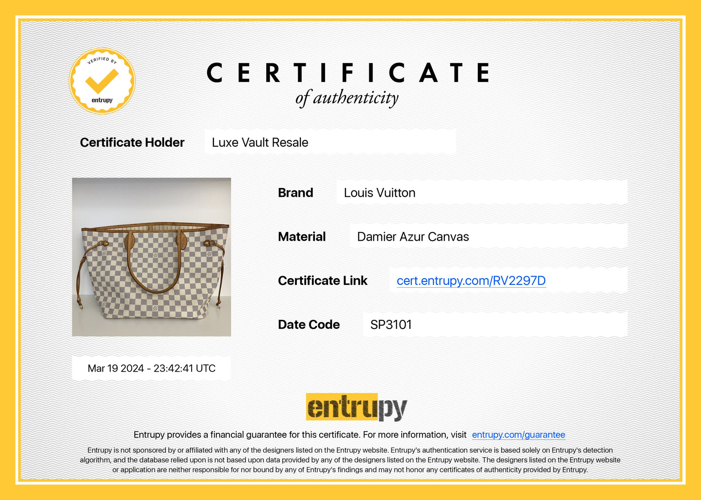 Pre-Owned Louis Vuitton Damier Azur Neverfull MM