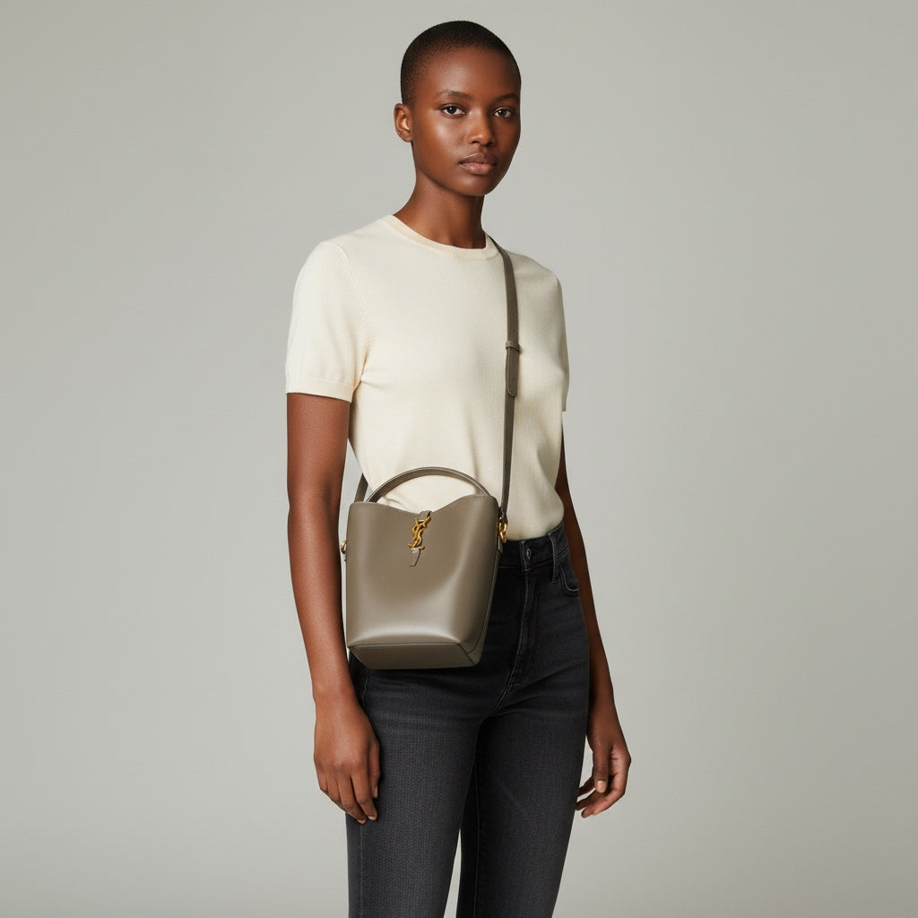 Saint Laurent (YSL) Shiny Calfskin Le 37 Bucket Bag Deep Musk