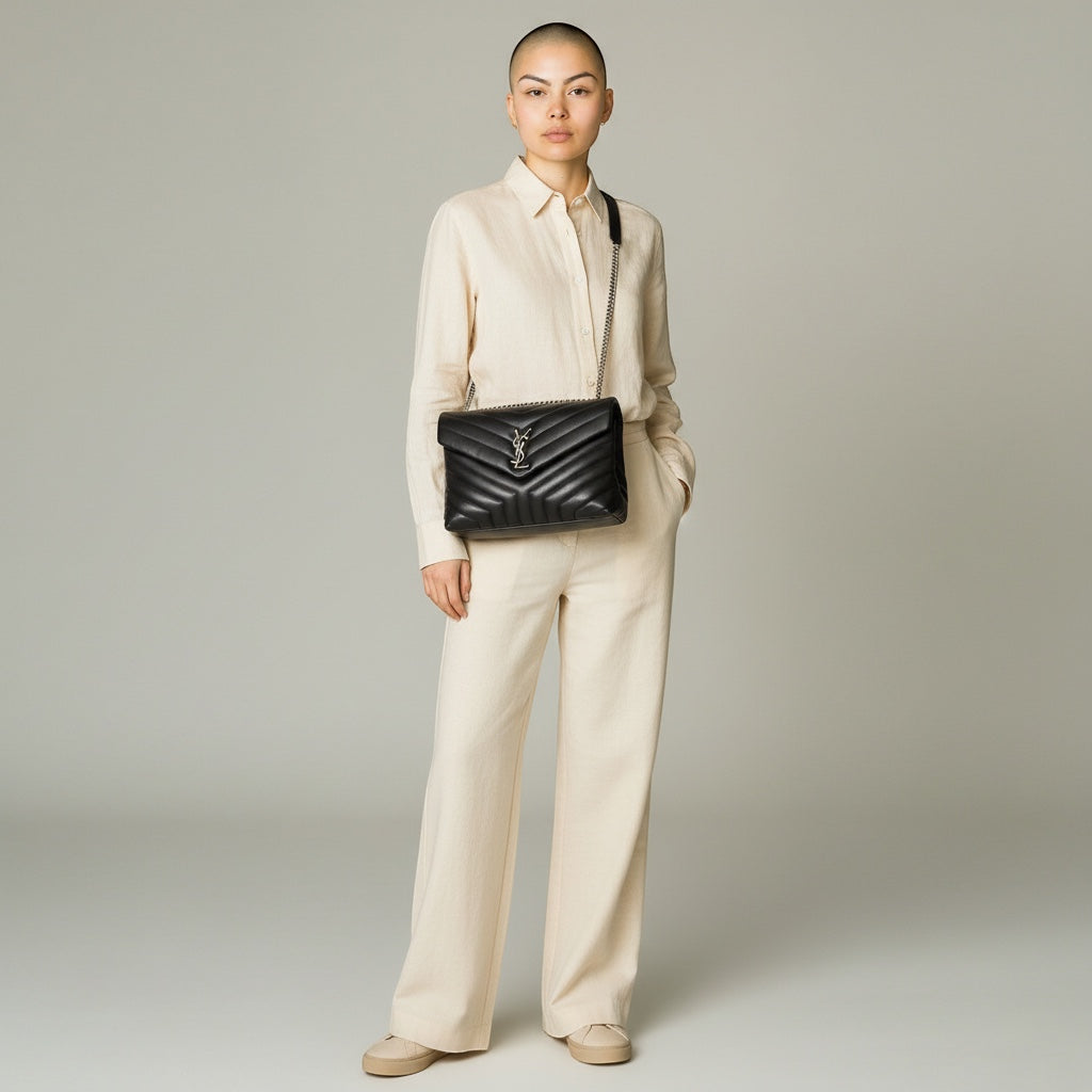 Saint Laurent (YSL) Calfskin Y Quilted Monogram Medium Loulou Chain Satchel Black