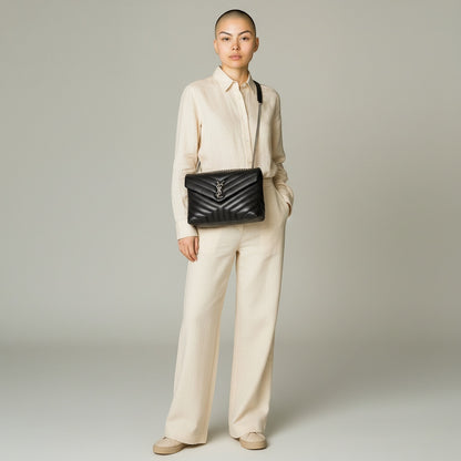 Saint Laurent (YSL) Calfskin Y Quilted Monogram Medium Loulou Chain Satchel Black
