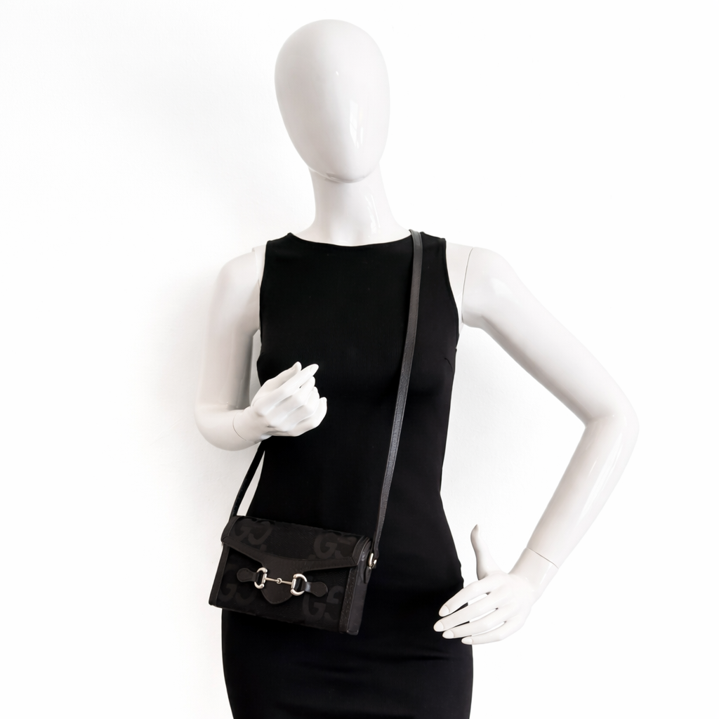 Gucci Monogram Jumbo GG Mini Horsebit 1955 Shoulder Bag Black